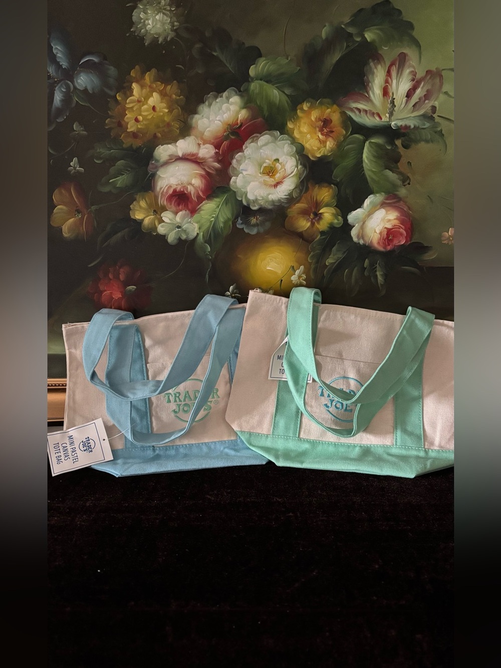 NWT Trader Joe's 2 Mini Reusable Canvas Cotton Tote Bags blue and green
